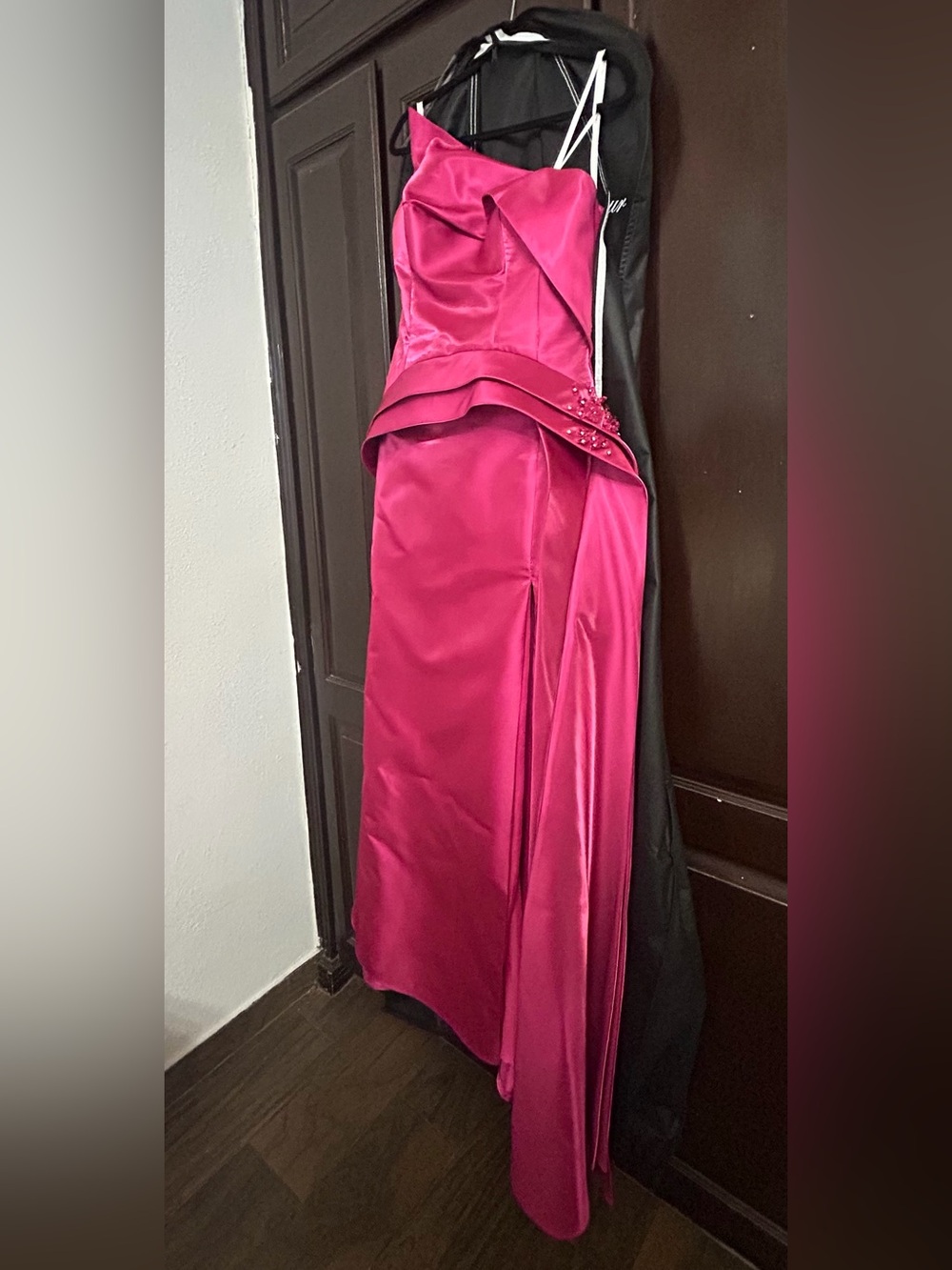 Terani Couture Fuchsia Satin Prom Gown with Pleated Waist